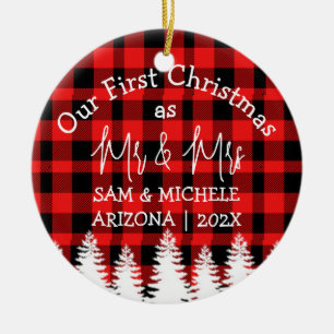 Plaid Our first Christmas as Mr and Mrs newlywed Ceramic Ornament