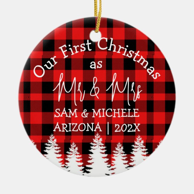 Plaid Our first Christmas as Mr and Mrs newlywed Ceramic Ornament (Front)