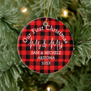 Plaid Our first Christmas Mr and Mrs newlywed Ceramic Ornament