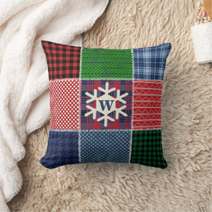 Plaid Patchwork Monogrammed Snowflake Quilt Design Cushion