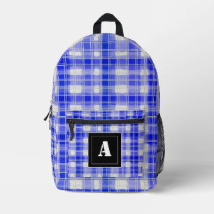 Plaid Pattern Gingham Check Dark Blue Monogram Printed Backpack