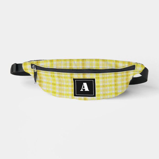Plaid Pattern Gingham Check Yellow White Monogram Bum Bags (Front)