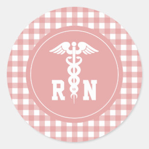 Plaid Pattern RN Registered Nurse Caduceus Symbol Classic Round Sticker
