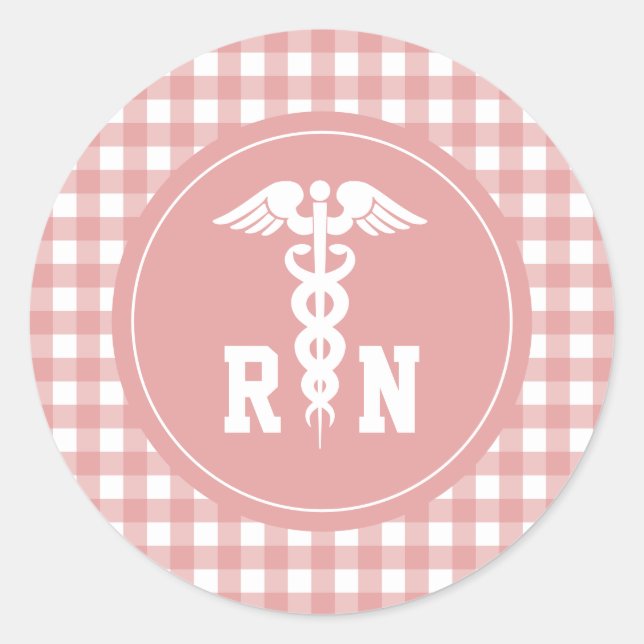 Plaid Pattern RN Registered Nurse Caduceus Symbol Classic Round Sticker (Front)
