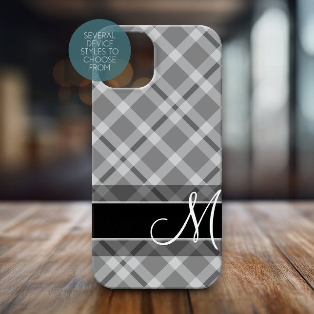 Plaid Pattern with Monogram - black white grey iPhone 15 Case (Personalized Phone Case with Huge Monogram)