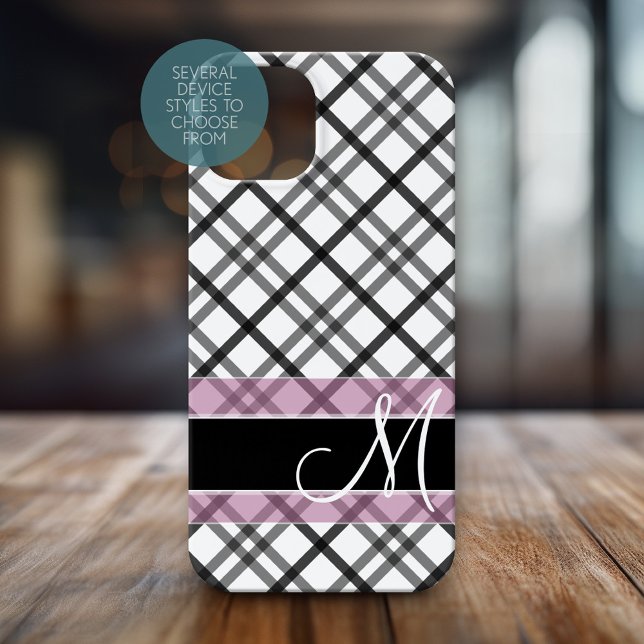Plaid Pattern with Monogram - black white pink Case-Mate iPhone Case (Personalized Phone Case with Huge Monogram)