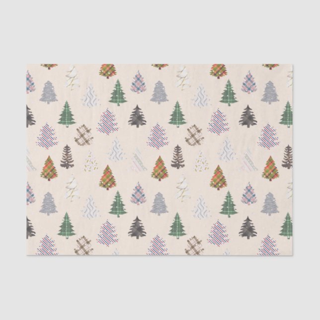 Plaid Patterned Christmas Trees Pattern in Cream  Tissue Paper (Front)
