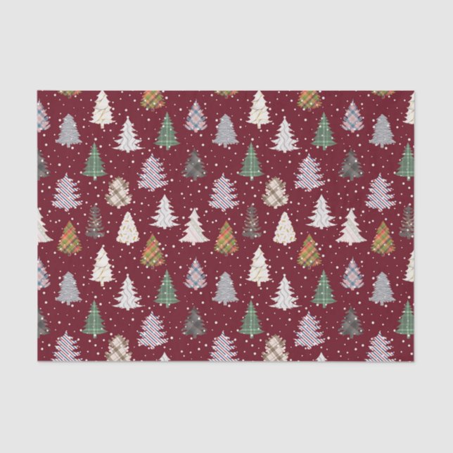 Plaid Patterned Christmas Trees Pattern in Maroon  Tissue Paper (Front)