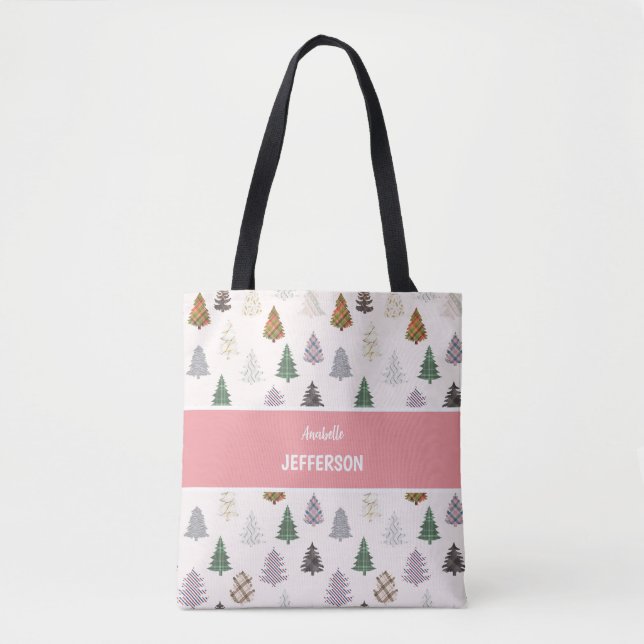 Plaid Patterned Christmas Trees pattern Monogram Tote Bag (Front)