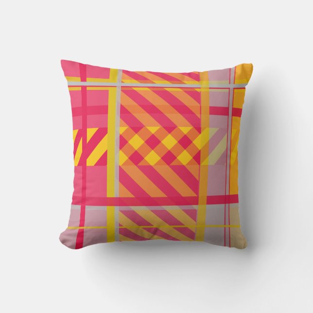 Plaid Patterned Yellow Red Cushion Throw Pillow (Front)