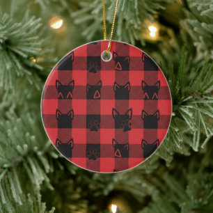 Plaid Paws Buffalo Plaid with Cat Ears and Paw Ceramic Ornament