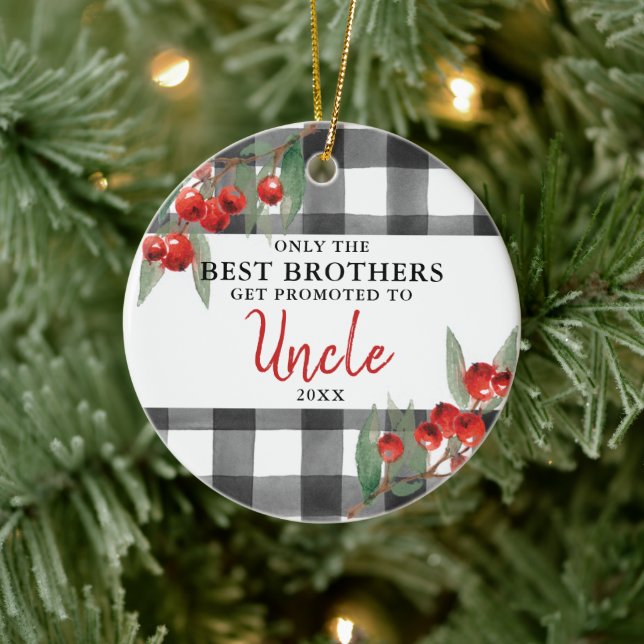 Plaid Personalised Best Brothers Promoted to Uncle Ceramic Ornament (Tree)