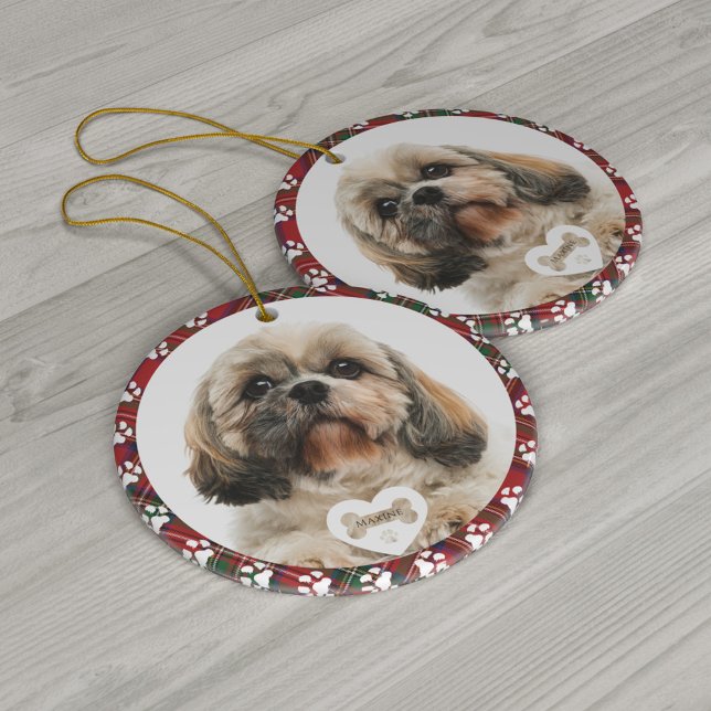 Plaid Pet Dog Photo Christmas Stewart Tartan  Ceramic Ornament (Plaid Red Green Check Pet Dog Photo Clan Stewart Circle Ceramic Ornament)