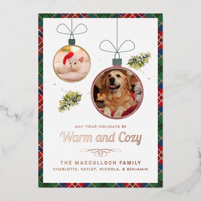 Plaid Pet Photos MacCulloch Tartan Rose Gold Foil Holiday Card (Front)
