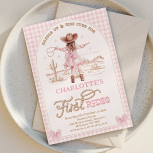 Plaid Pink Bows Girls First Rodeo 1st Birthday  Invitation