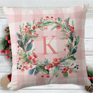 Plaid Pink Monogram Greenery  Christmas Wreath Cushion