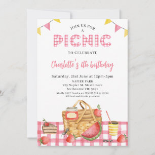 Plaid Pink Summer Picnic Basket Picnic Birthday  Invitation