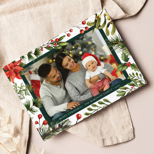 Plaid Poinsettia Botanical Family Photo Tartan Holiday Card