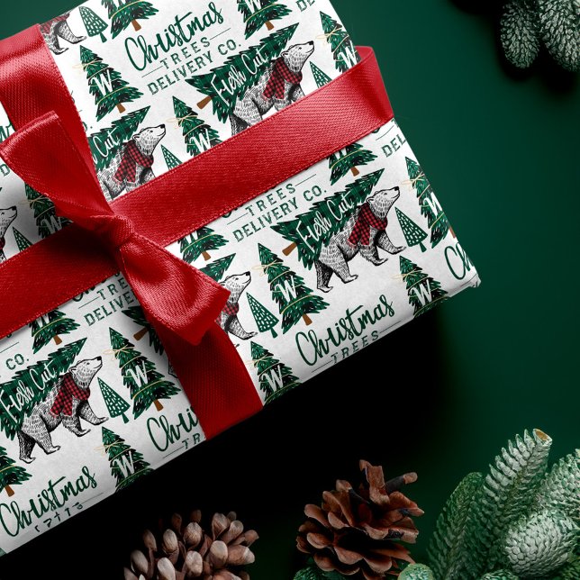 Plaid Polar Bear Christmas Trees Delivery Monogram Wrapping Paper (Plaid Polar Bear Christmas Trees Delivery Monogram Wrapping Paper)