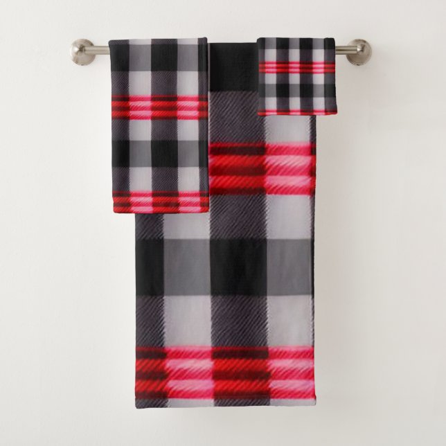 Plaid Popular Abstract Red Black Plaid Collection Bath Towel Set (Insitu)