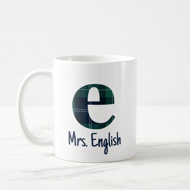 Plaid Print Lowercase Letter e Initial and Name Coffee Mug (Left)
