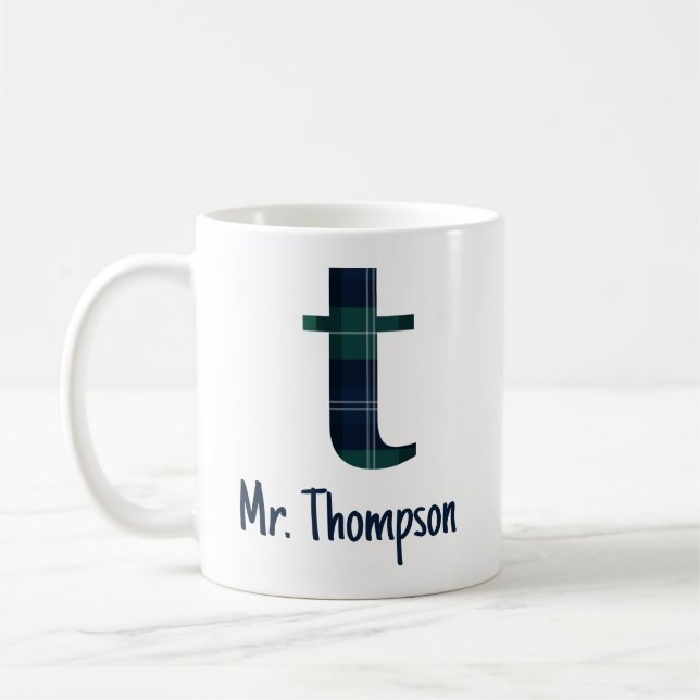 Plaid Print Lowercase Letter t Initial and Name Coffee Mug (Left)