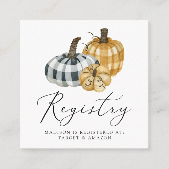 Plaid Pumpkin Baby Shower Registry Enclosure Card (Front)