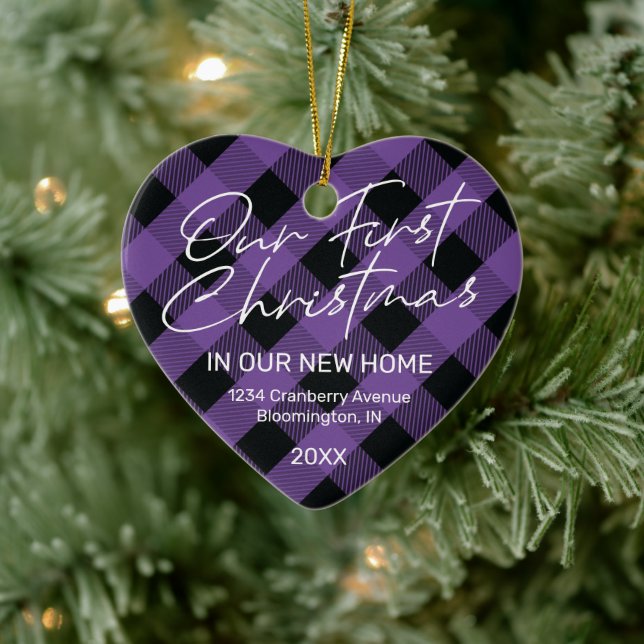 Plaid Purple New Home First Christmas Ceramic Ornament (Tree)