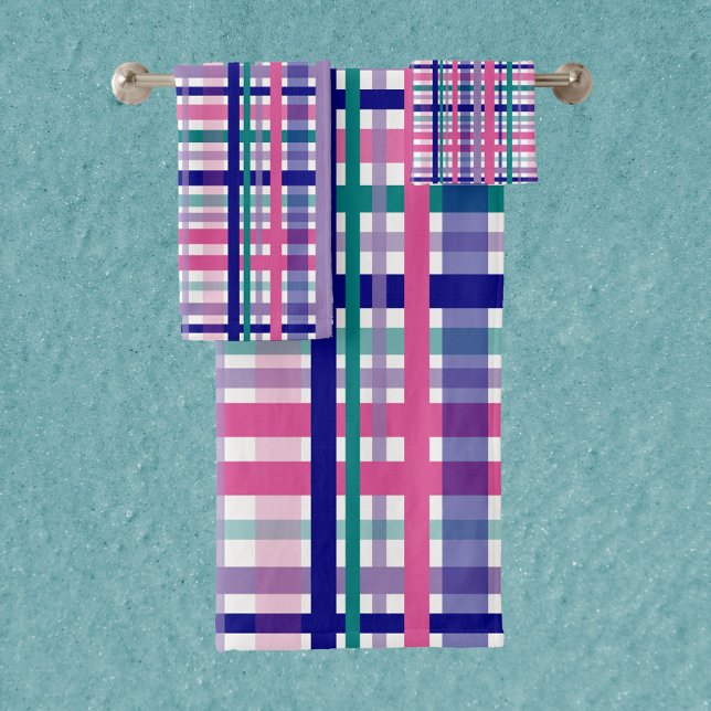 Plaid Purple Pink Navy Blue Teal Bath Towel Set (A plaid towel set done in pink, navy blue, purple and teal on a white background.)