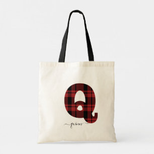Plaid Red and Black Monogram Letter "Q” Tote Bag