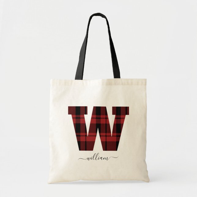 Plaid Red and Black Monogram Letter "W” Name Tote Bag (Front)