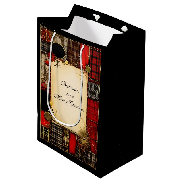 Plaid Red Black Gold Christmas Greeting Medium Gift Bag (Front Angled)