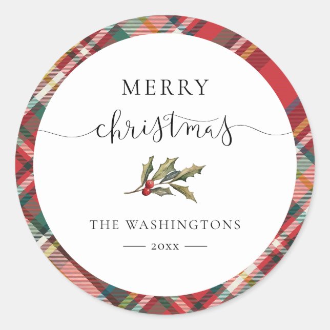 Plaid Red Check Elegant Merry Christmas Farmhouse Classic Round Sticker (Front)