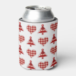 Plaid Red Christmas Trees and Hearts Pattern Can Cooler