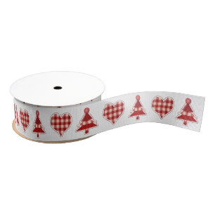 Plaid Red Christmas Trees and Hearts Pattern Grosgrain Ribbon