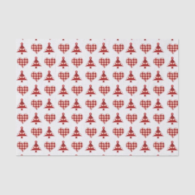 Plaid Red Christmas Trees and Hearts Pattern Tissue Paper (Front)
