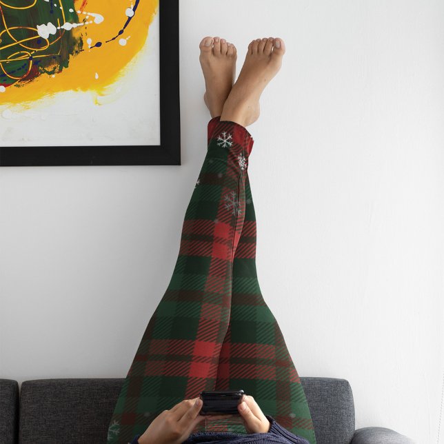 Plaid Red Green Check Snowflakes Pattern Leggings (Holiday Winter Training Leggings)