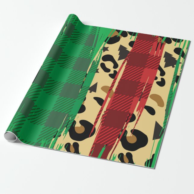 Plaid Red & Green Leopard Print Christmas  Wrappin Wrapping Paper (Unrolled)