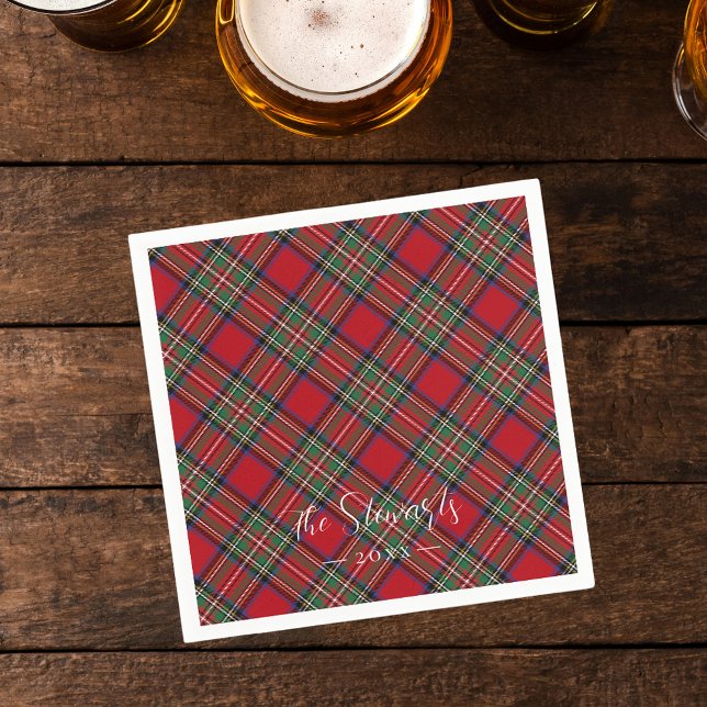 Plaid Red Green Rustic Classic Stewart Tartan Napkin (Rustic Plaid Stewart Tartan Personalized Paper Napkin)