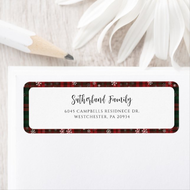 Plaid Red Green Script Snowflakes Return Address Label (Insitu)