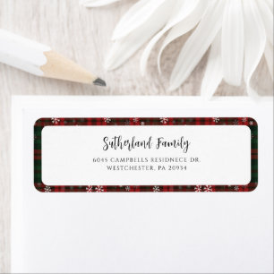 Plaid Red Green Script Snowflakes Return Address Return Address Label