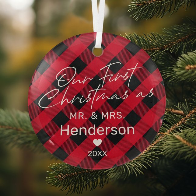 Plaid Red Mr & Mrs First Christmas Glass Tree Decoration (Creator Uploaded)