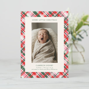 Plaid Red Pink Green Photo Baby First Christmas Holiday Card