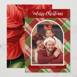 Plaid Red Poinsettias Christmas Personalised Photo Holiday Card