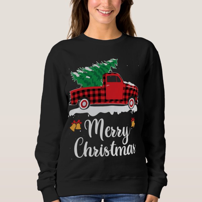 Plaid Red Truck Carrying A Christmas Tree Xmas Fam Sweatshirt (Front)