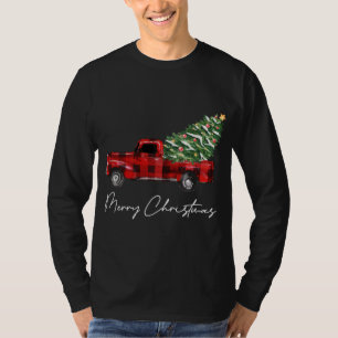Plaid Red Truck Christmas Merry Christmas Xmas Tre T-Shirt
