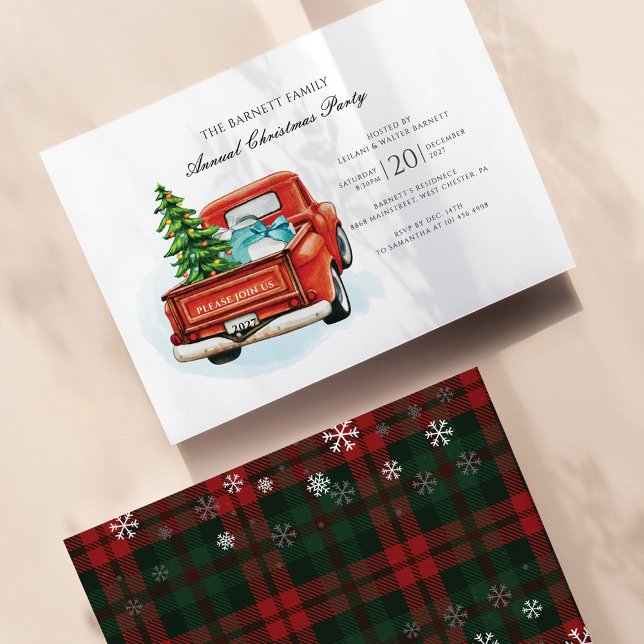 Plaid Red Truck Christmas Party Invitation (Plaid and Snowflakes Christmas Party Invitation)
