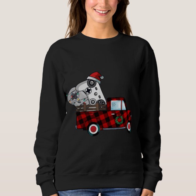 Plaid Red Truck Controller Video Game Christmas Pa Sweatshirt (Front)