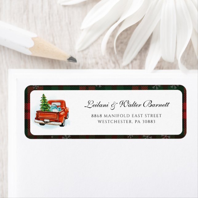 Plaid Red Truck Family Christmas Return Address Label (Insitu)