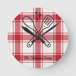 Plaid Red & White Custom Name Gift Round Clock